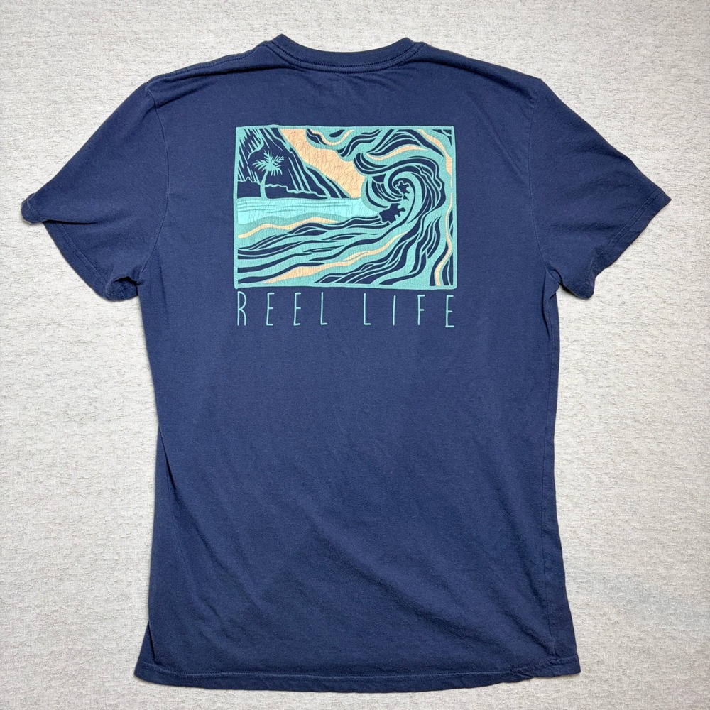 Reel Life Mens T-Shirt Medium Navy Blue Beach Wave Graphic Fishing Short Sleeve
